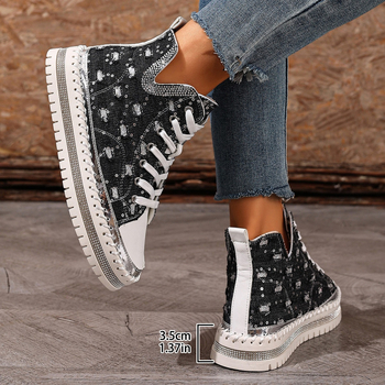 Γυναικείες καμβά παπούτσια με στρας, PU επάνω, καουτσούκ σόλα, στρογγυλή μύτη, κορδόνια, μεσαίο ύψος τακουνιού 3–5 cm, casual