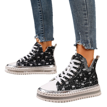 Γυναικείες καμβά παπούτσια με στρας, PU επάνω, καουτσούκ σόλα, στρογγυλή μύτη, κορδόνια, μεσαίο ύψος τακουνιού 3–5 cm, casual