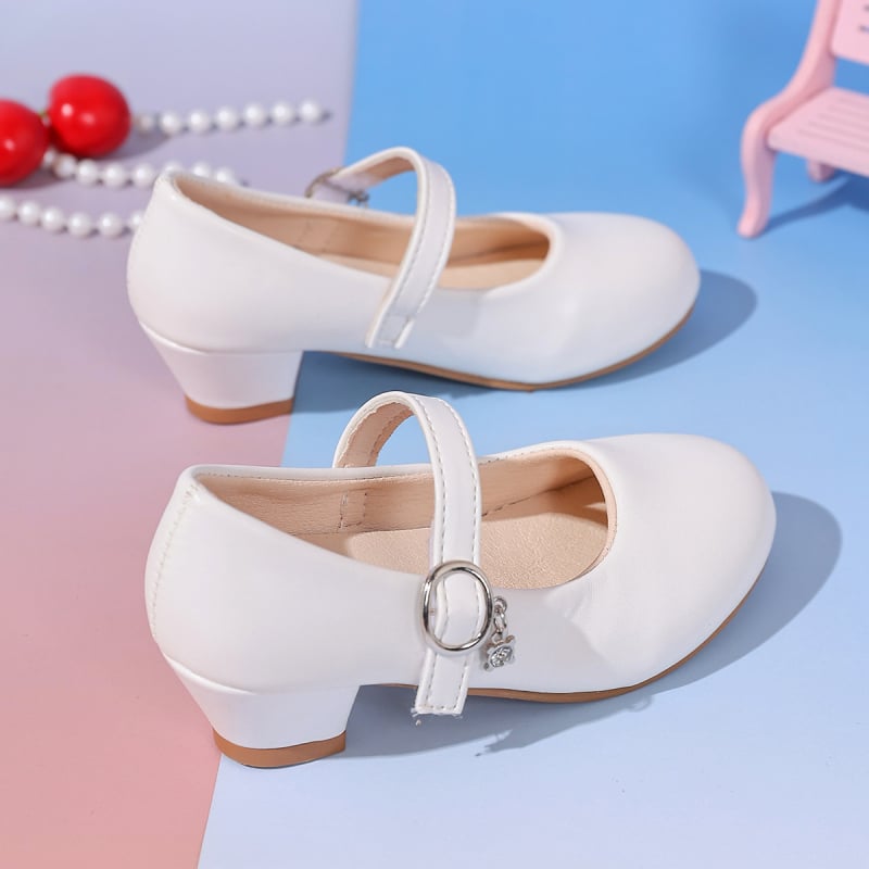 Lányoknak készült bőr cipő, vastag sarkúval – PU felsőrész, Velcro zárás, alacsony sarok, 4–12 éveseknek