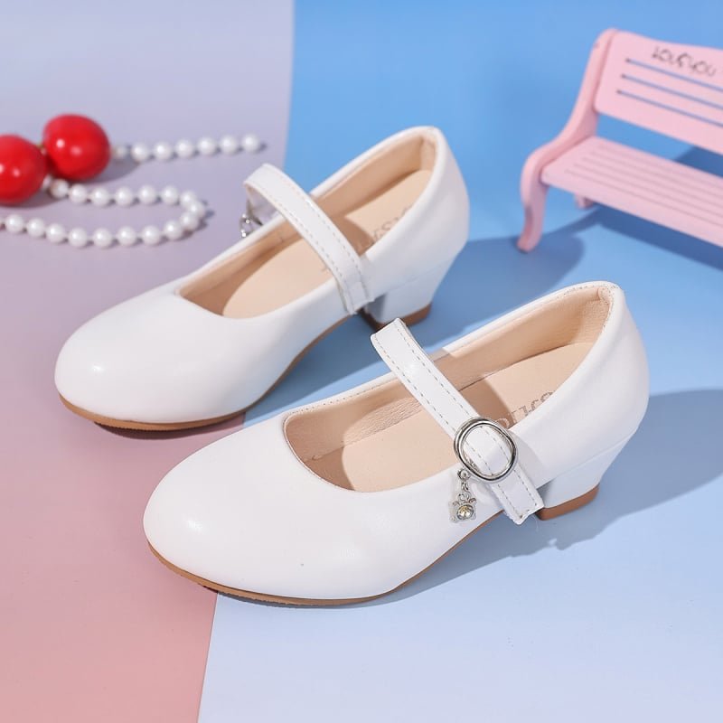 Lányoknak készült bőr cipő, vastag sarkúval – PU felsőrész, Velcro zárás, alacsony sarok, 4–12 éveseknek