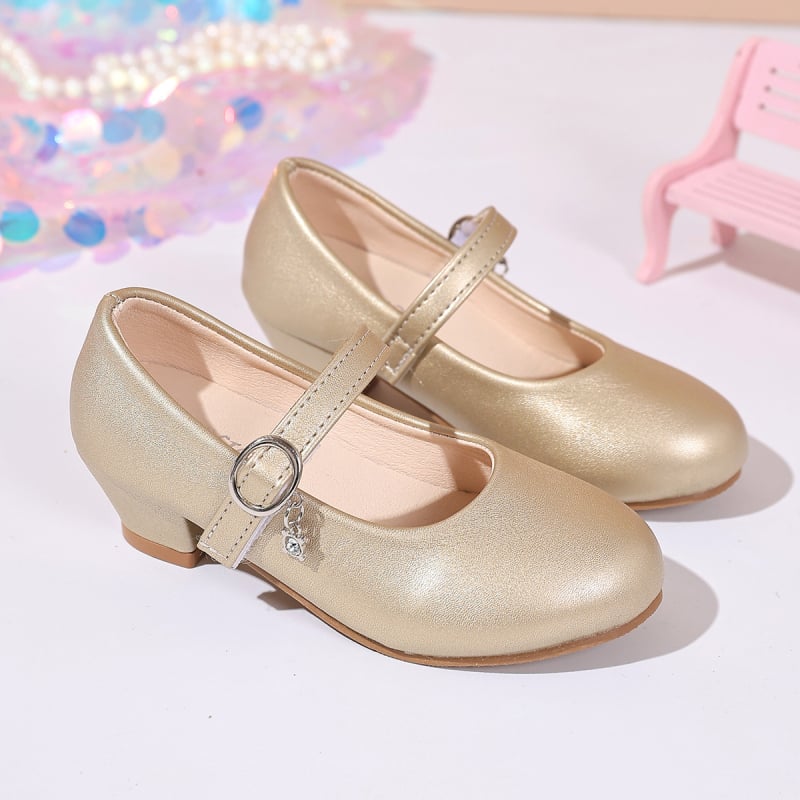 Lányoknak készült bőr cipő, vastag sarkúval – PU felsőrész, Velcro zárás, alacsony sarok, 4–12 éveseknek