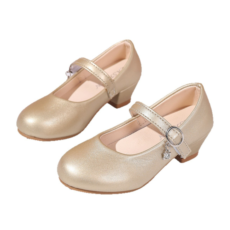 Lányoknak készült bőr cipő, vastag sarkúval – PU felsőrész, Velcro zárás, alacsony sarok, 4–12 éveseknek