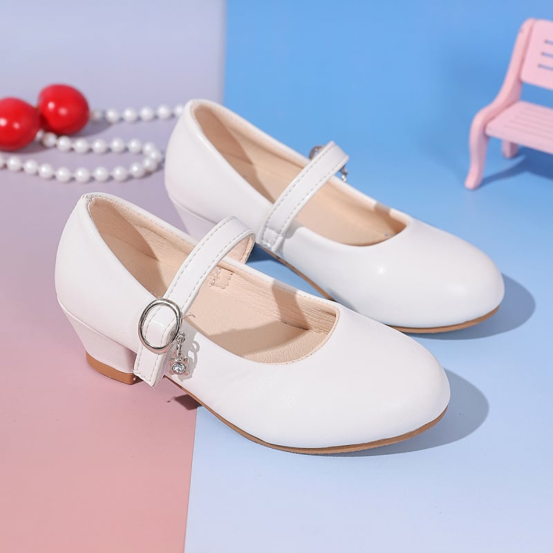 Lányoknak készült bőr cipő, vastag sarkúval – PU felsőrész, Velcro zárás, alacsony sarok, 4–12 éveseknek