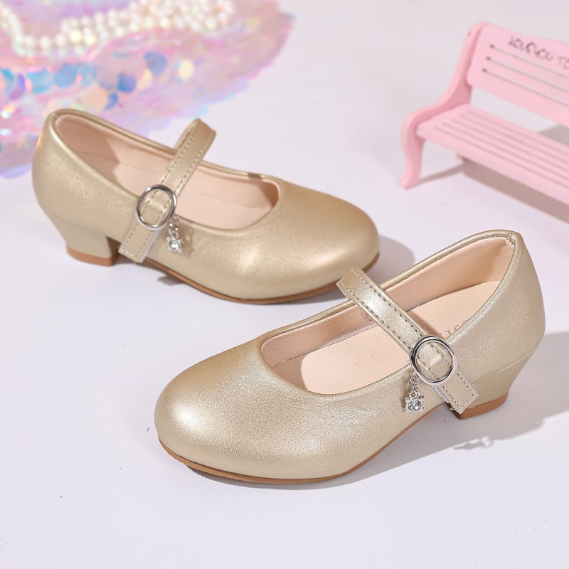 Lányoknak készült bőr cipő, vastag sarkúval – PU felsőrész, Velcro zárás, alacsony sarok, 4–12 éveseknek