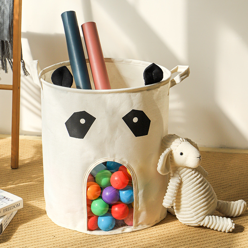 Audinio vaiko žaislų laikymo dėžė su skaidriu paneliu, sulankstoma, animacinių filmų dizainas, medvilninis audinys, šiuolaikiškas minimalistinis stilius, žaislams ir smulkmenoms