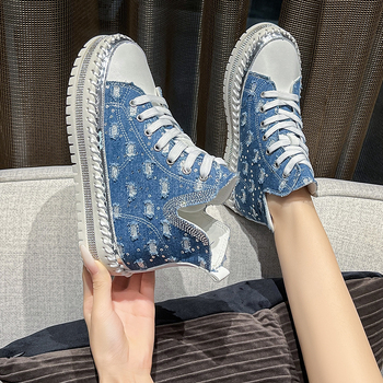 Γυναικεία παπούτσια από ντένιμ με ψηλό τακούνι, κορδόνια, στρογγυλή μύτη, PU πάτος