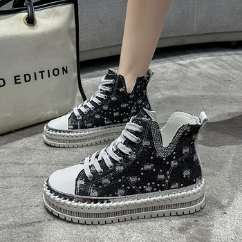 Γυναικεία παπούτσια από ντένιμ με ψηλό τακούνι, κορδόνια, στρογγυλή μύτη, PU πάτος