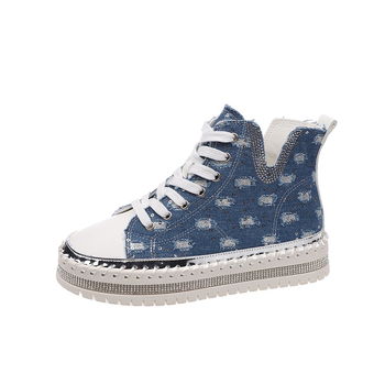 Γυναικεία παπούτσια από ντένιμ με ψηλό τακούνι, κορδόνια, στρογγυλή μύτη, PU πάτος