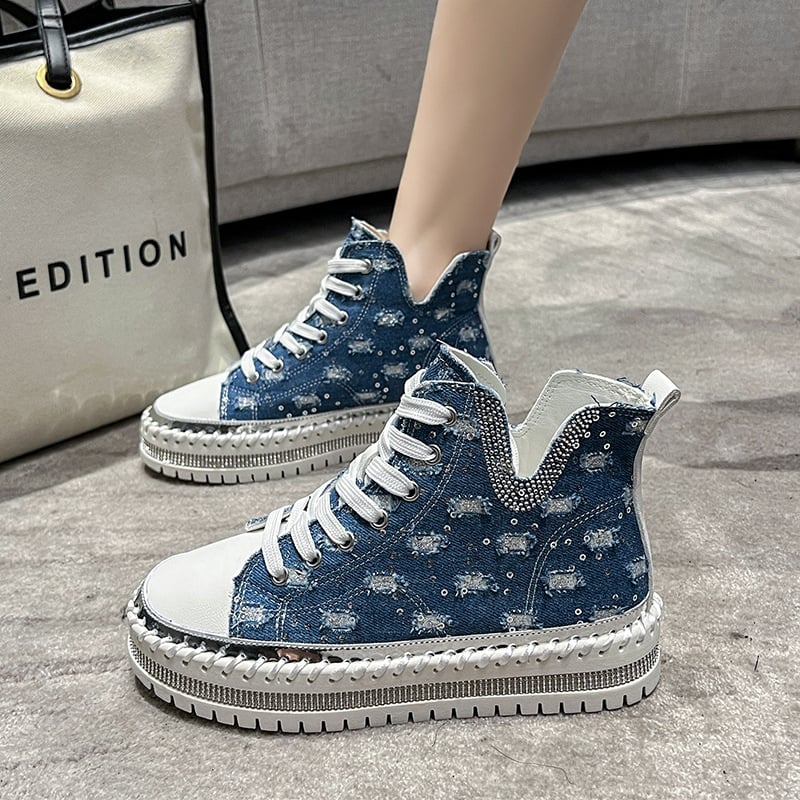 Sieviešu džinsa augstpapēžu kurpes ar šņorēšanu, apaļš pirksts, PU zolīte