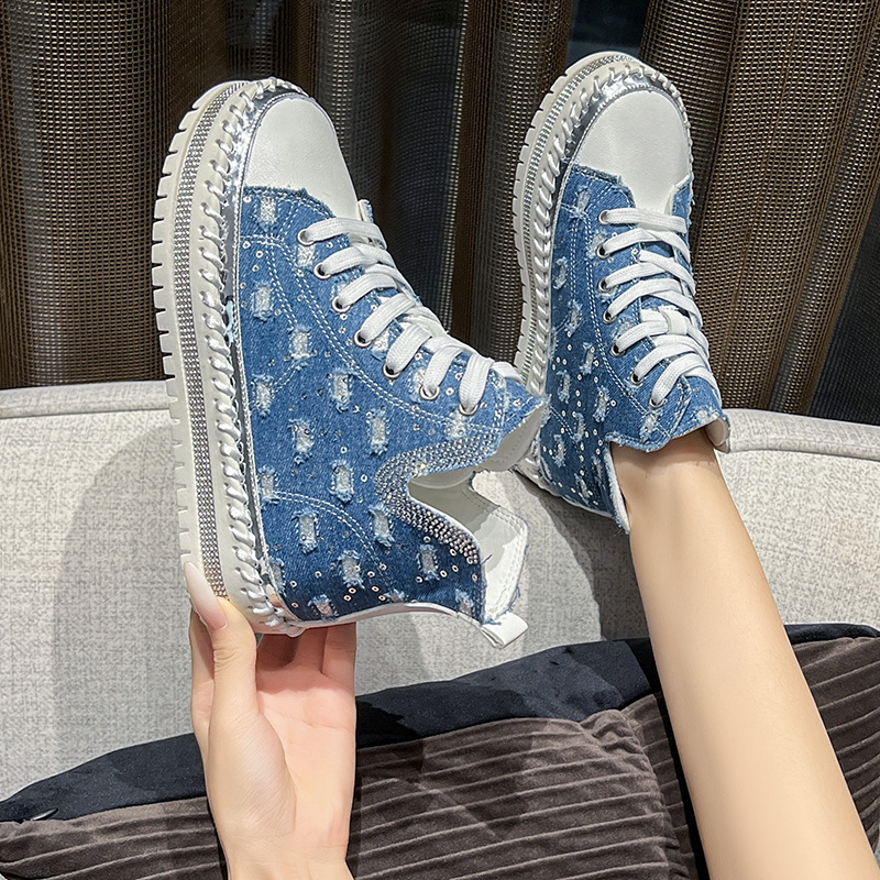 Γυναικεία παπούτσια από ντένιμ με ψηλό τακούνι, κορδόνια, στρογγυλή μύτη, PU πάτος