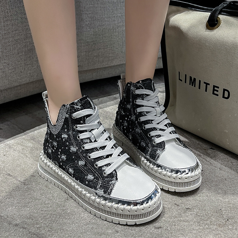 Γυναικεία παπούτσια από ντένιμ με ψηλό τακούνι, κορδόνια, στρογγυλή μύτη, PU πάτος