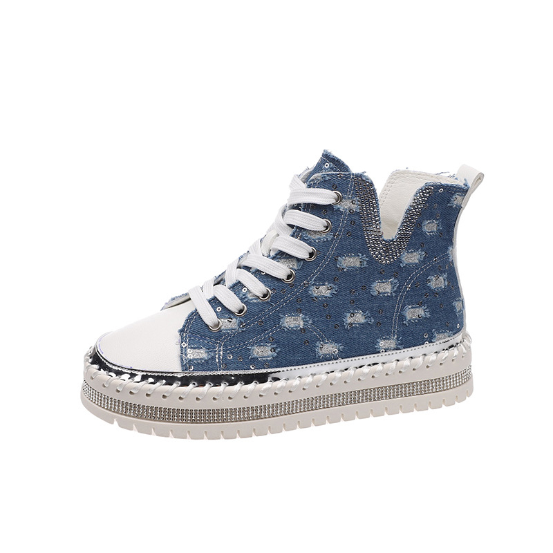 Γυναικεία παπούτσια από ντένιμ με ψηλό τακούνι, κορδόνια, στρογγυλή μύτη, PU πάτος