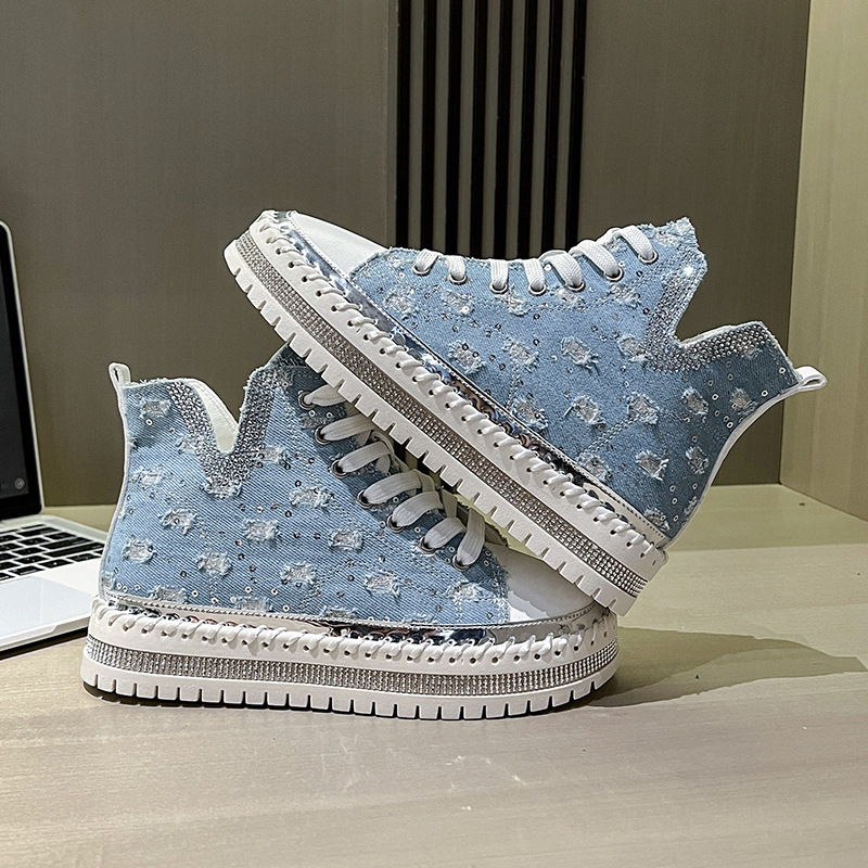 Γυναικεία παπούτσια από ντένιμ με ψηλό τακούνι, κορδόνια, στρογγυλή μύτη, PU πάτος