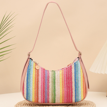 Crossbody ψάθινη τσάντα dumpling σχήματος, αστικός μινιμαλισμός, φερμουάρ κλείσιμο, εσωτερική τσέπη με φερμουάρ