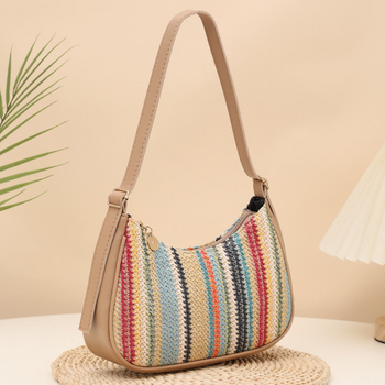 Crossbody ψάθινη τσάντα dumpling σχήματος, αστικός μινιμαλισμός, φερμουάρ κλείσιμο, εσωτερική τσέπη με φερμουάρ