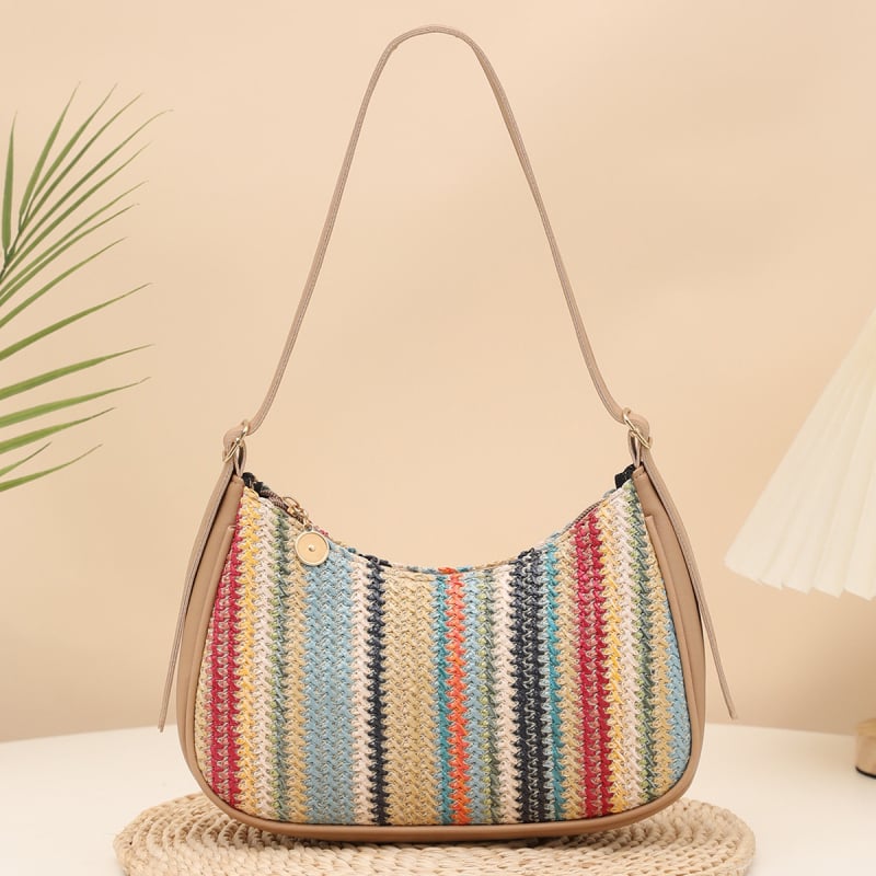 Crossbody torba od slamnate tkanine, dumpling oblik, urbani minimalistički stil, zatvarač, unutarnji džep s zatvaračem