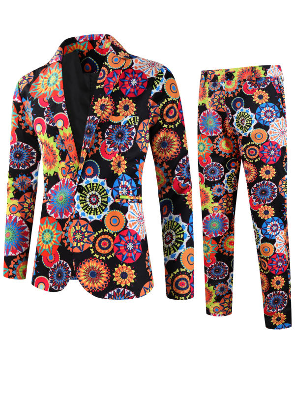 Мъжки костюмен комплект с 3D флорална щампа, еднобортов Notch ревер, права кройка, ацетатно влакно 95%