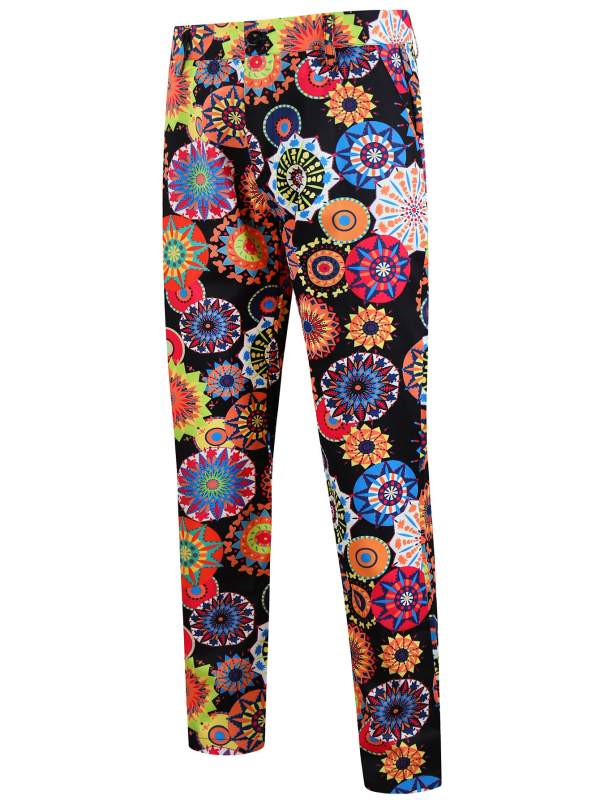 Мъжки костюмен комплект с 3D флорална щампа, еднобортов Notch ревер, права кройка, ацетатно влакно 95%