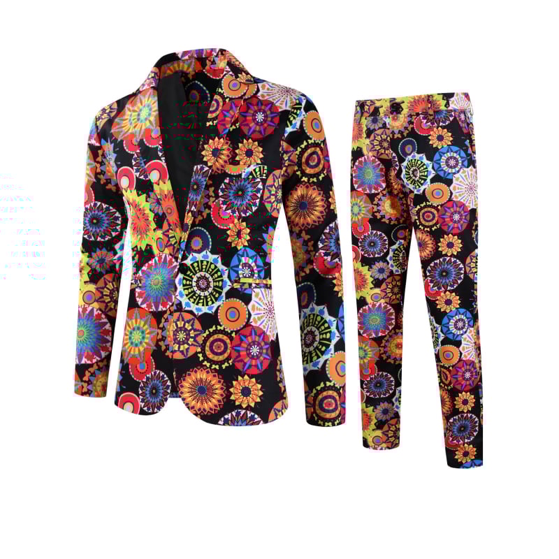 Мъжки костюмен комплект с 3D флорална щампа, еднобортов Notch ревер, права кройка, ацетатно влакно 95%