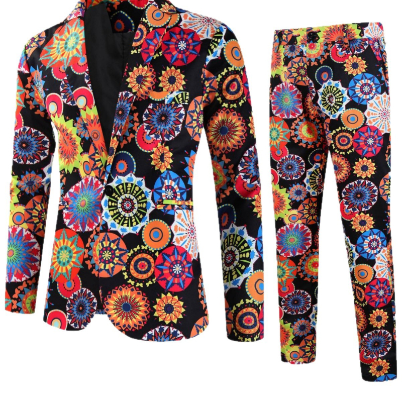 Мъжки костюмен комплект с 3D флорална щампа, еднобортов Notch ревер, права кройка, ацетатно влакно 95%