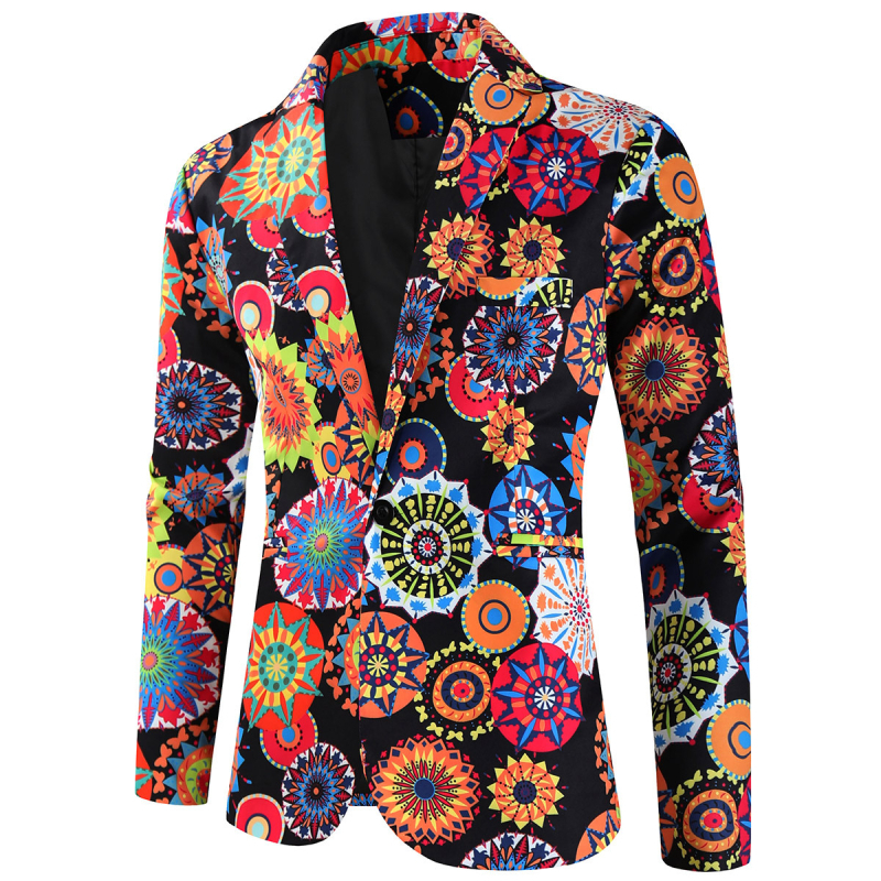 Мъжки костюмен комплект с 3D флорална щампа, еднобортов Notch ревер, права кройка, ацетатно влакно 95%