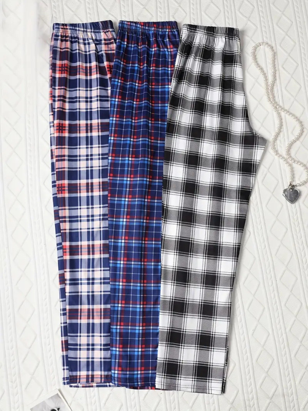 Casual hlače s pravim krojem, duge, karirani uzorak, srednji pojas, elastična sintetička smjesa