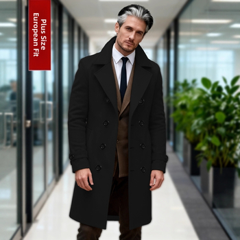 Vyrinis ilgas windbreaker paltas, dvigubo užsegimo sagtys, siauras kirpimas, vienodos spalvos modelis, ruduo 2025