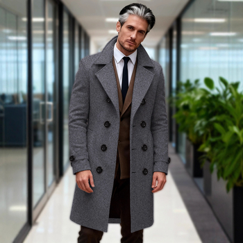 Vyrinis ilgas windbreaker paltas, dvigubo užsegimo sagtys, siauras kirpimas, vienodos spalvos modelis, ruduo 2025