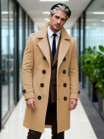 Vyrinis ilgas windbreaker paltas, dvigubo užsegimo sagtys, siauras kirpimas, vienodos spalvos modelis, ruduo 2025