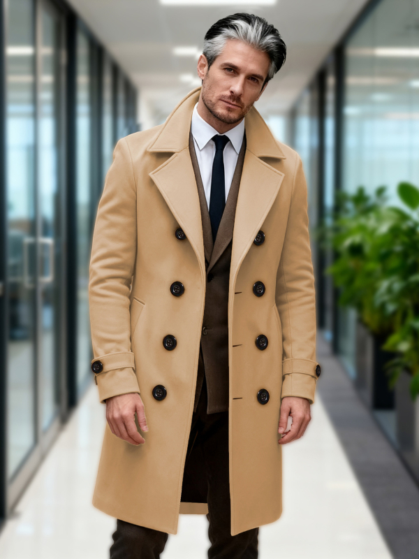 Vyrinis ilgas windbreaker paltas, dvigubo užsegimo sagtys, siauras kirpimas, vienodos spalvos modelis, ruduo 2025