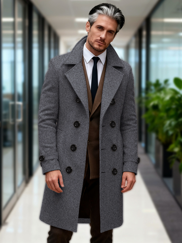 Vyrinis ilgas windbreaker paltas, dvigubo užsegimo sagtys, siauras kirpimas, vienodos spalvos modelis, ruduo 2025