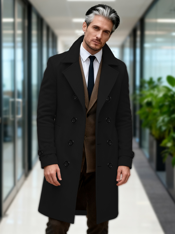 Vyrinis ilgas windbreaker paltas, dvigubo užsegimo sagtys, siauras kirpimas, vienodos spalvos modelis, ruduo 2025