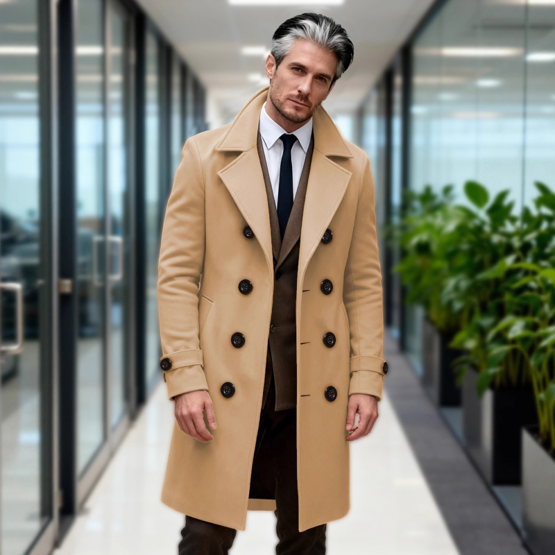 Vyrinis ilgas windbreaker paltas, dvigubo užsegimo sagtys, siauras kirpimas, vienodos spalvos modelis, ruduo 2025