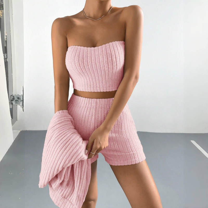 Tri-dijelni flanel-pidžama set s prugastim uzorkom (95% poliester, 5% elastan; 141–160 g/m2) s dugim rukavima, bustier topom i šortkama