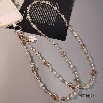 Telefono pakabukas per petį su ilga grandine, krištolo karoliukų ir perlų, rankų darbo, moterų stiliaus, daugiafunkcinė