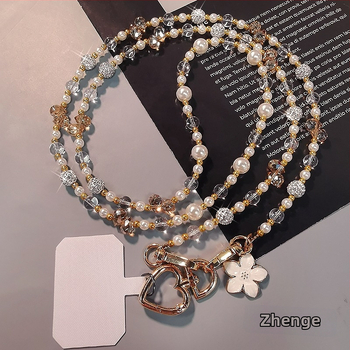 Telefono pakabukas per petį su ilga grandine, krištolo karoliukų ir perlų, rankų darbo, moterų stiliaus, daugiafunkcinė