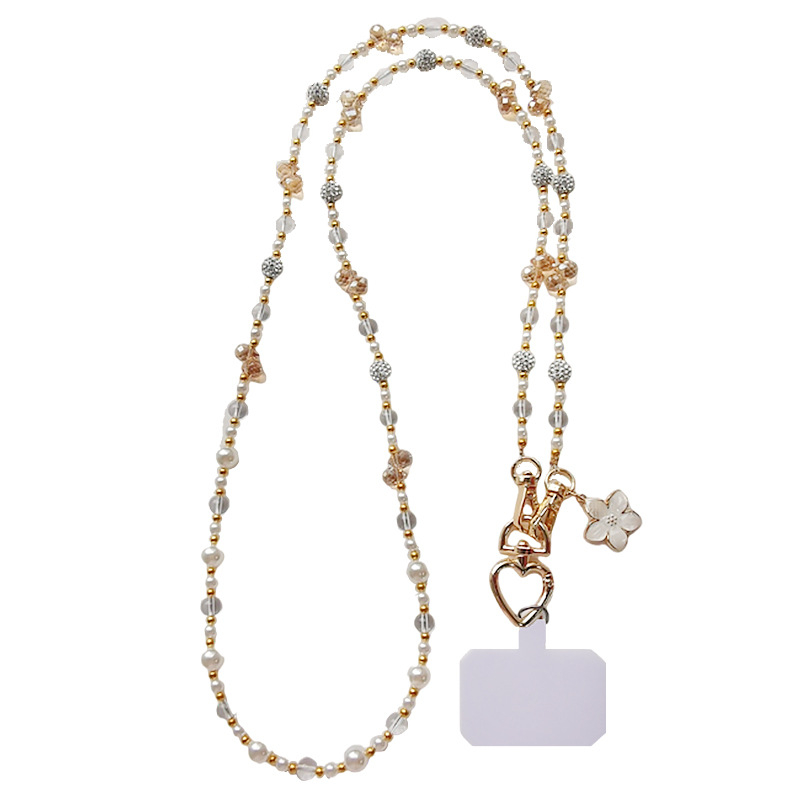 Telefono pakabukas per petį su ilga grandine, krištolo karoliukų ir perlų, rankų darbo, moterų stiliaus, daugiafunkcinė