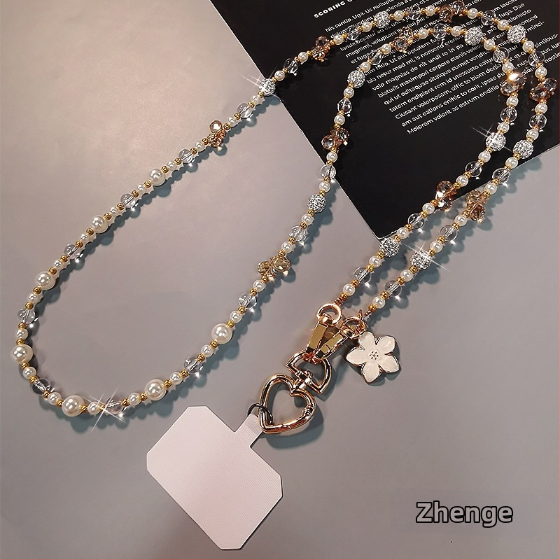 Telefono pakabukas per petį su ilga grandine, krištolo karoliukų ir perlų, rankų darbo, moterų stiliaus, daugiafunkcinė