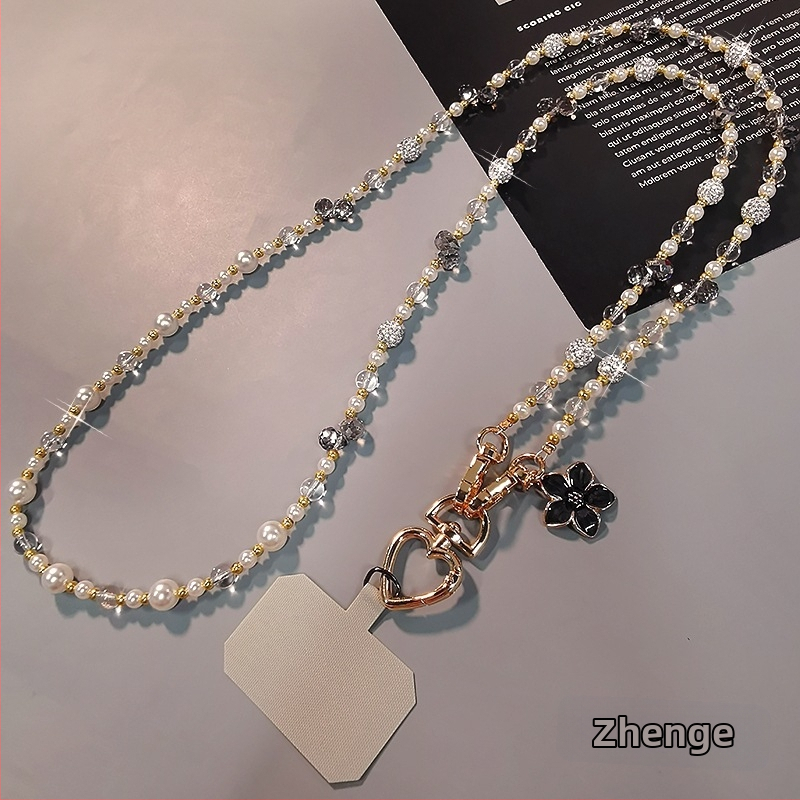 Telefono pakabukas per petį su ilga grandine, krištolo karoliukų ir perlų, rankų darbo, moterų stiliaus, daugiafunkcinė