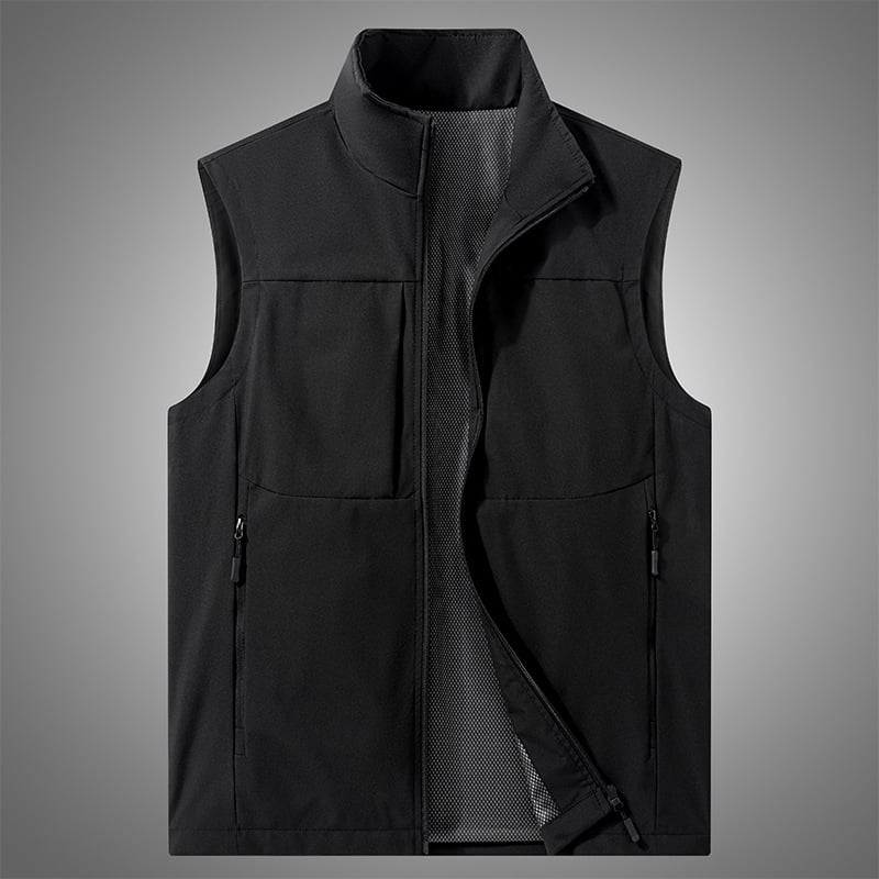 Мъжки жилетка-кардиган за пролет-есен, тънък материал, стояща яка, цип, водоустойчив и ветроустойчив, множество джобове