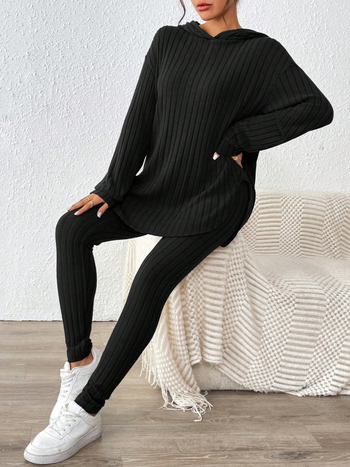 Σετ από δύο τεμάχια: μονόχρωμο μακρυμάνικο τοπ με μακριά παντελόνια, πολυεστέρας 95%+, στυλ Ευρώπης και Αμερικής, γυναικείο Top Set