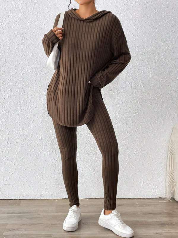 Σετ από δύο τεμάχια: μονόχρωμο μακρυμάνικο τοπ με μακριά παντελόνια, πολυεστέρας 95%+, στυλ Ευρώπης και Αμερικής, γυναικείο Top Set