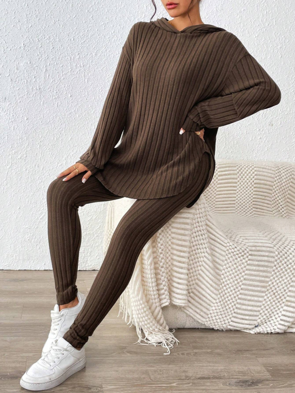 Σετ από δύο τεμάχια: μονόχρωμο μακρυμάνικο τοπ με μακριά παντελόνια, πολυεστέρας 95%+, στυλ Ευρώπης και Αμερικής, γυναικείο Top Set