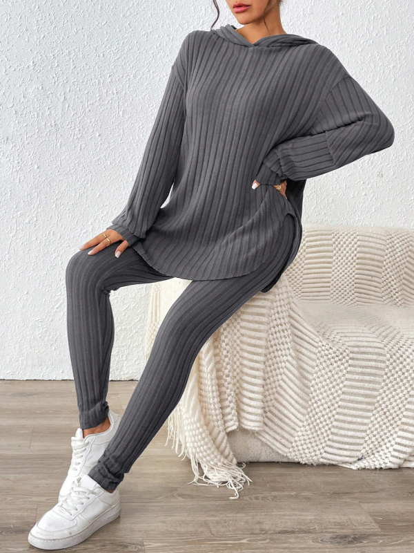 Σετ από δύο τεμάχια: μονόχρωμο μακρυμάνικο τοπ με μακριά παντελόνια, πολυεστέρας 95%+, στυλ Ευρώπης και Αμερικής, γυναικείο Top Set