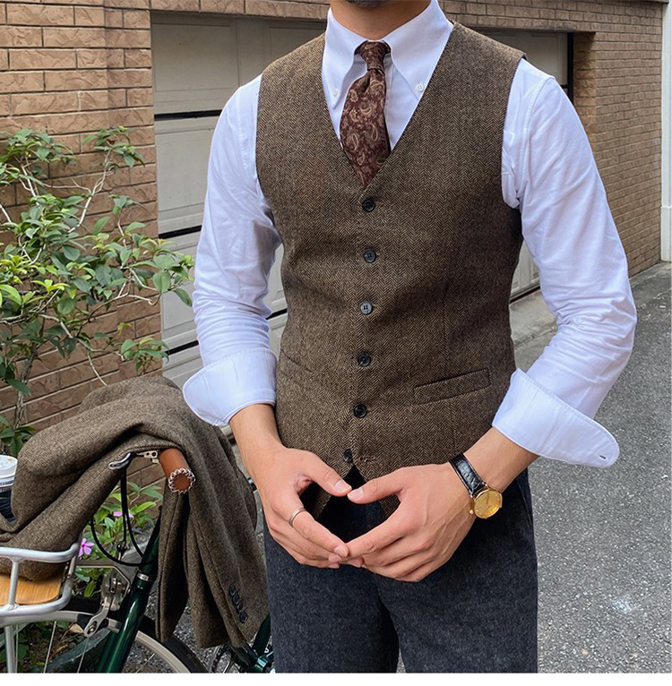 Corduroy мъжки жилет – тясно прилепване, винтидж британски стил, V-neck, еднобортен, Rabbit Hair