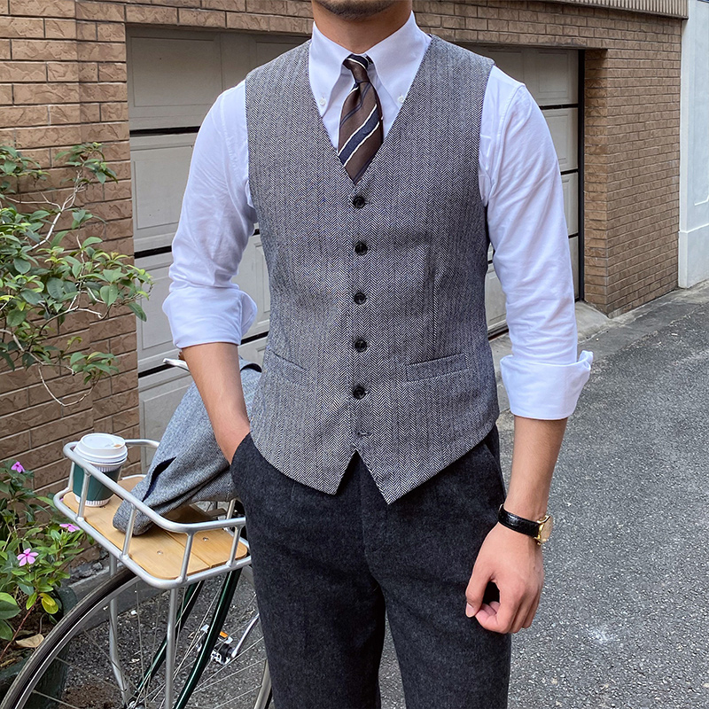 Corduroy мъжки жилет – тясно прилепване, винтидж британски стил, V-neck, еднобортен, Rabbit Hair