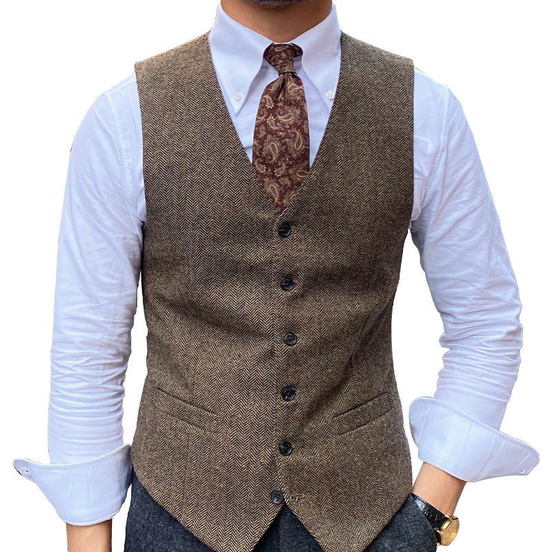 Corduroy мъжки жилет – тясно прилепване, винтидж британски стил, V-neck, еднобортен, Rabbit Hair