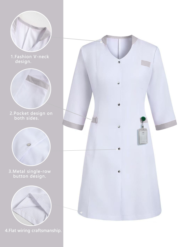 Επαγγελματικό ιατρικό φόρεμα νοσοκόμας με πολλαπλά τσέπες, ελεύθερη γραμμή, μακρύ μήκος (100 cm+), 100% πολυεστέρας