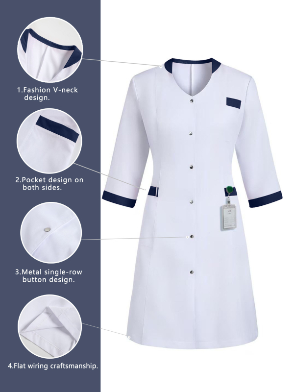 Επαγγελματικό ιατρικό φόρεμα νοσοκόμας με πολλαπλά τσέπες, ελεύθερη γραμμή, μακρύ μήκος (100 cm+), 100% πολυεστέρας