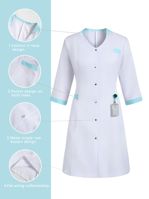 Επαγγελματικό ιατρικό φόρεμα νοσοκόμας με πολλαπλά τσέπες, ελεύθερη γραμμή, μακρύ μήκος (100 cm+), 100% πολυεστέρας
